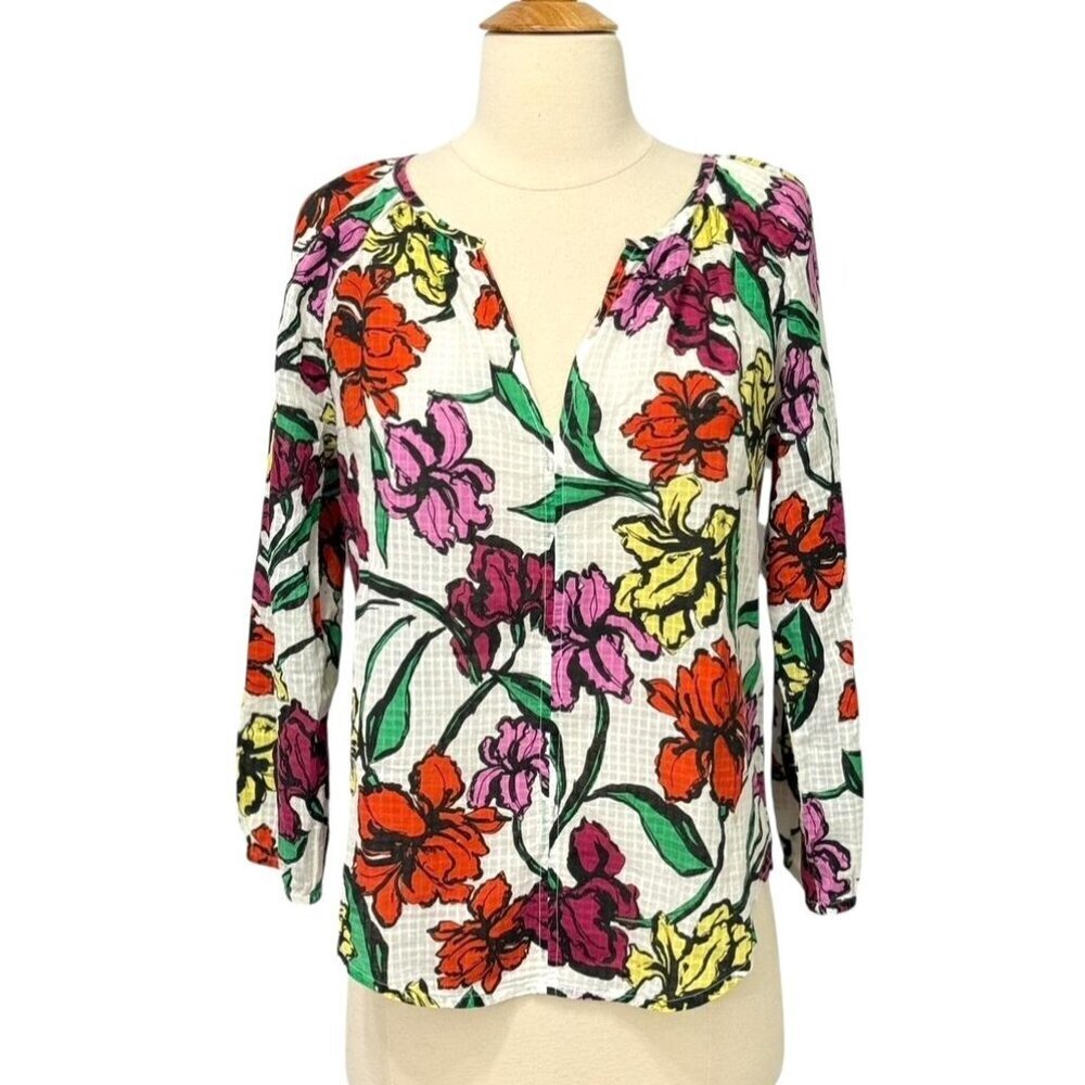 Roberta Roller Rabbit Lightweight Cotton Blouse V-Neck Floral 3/4 Sleeve Size XS